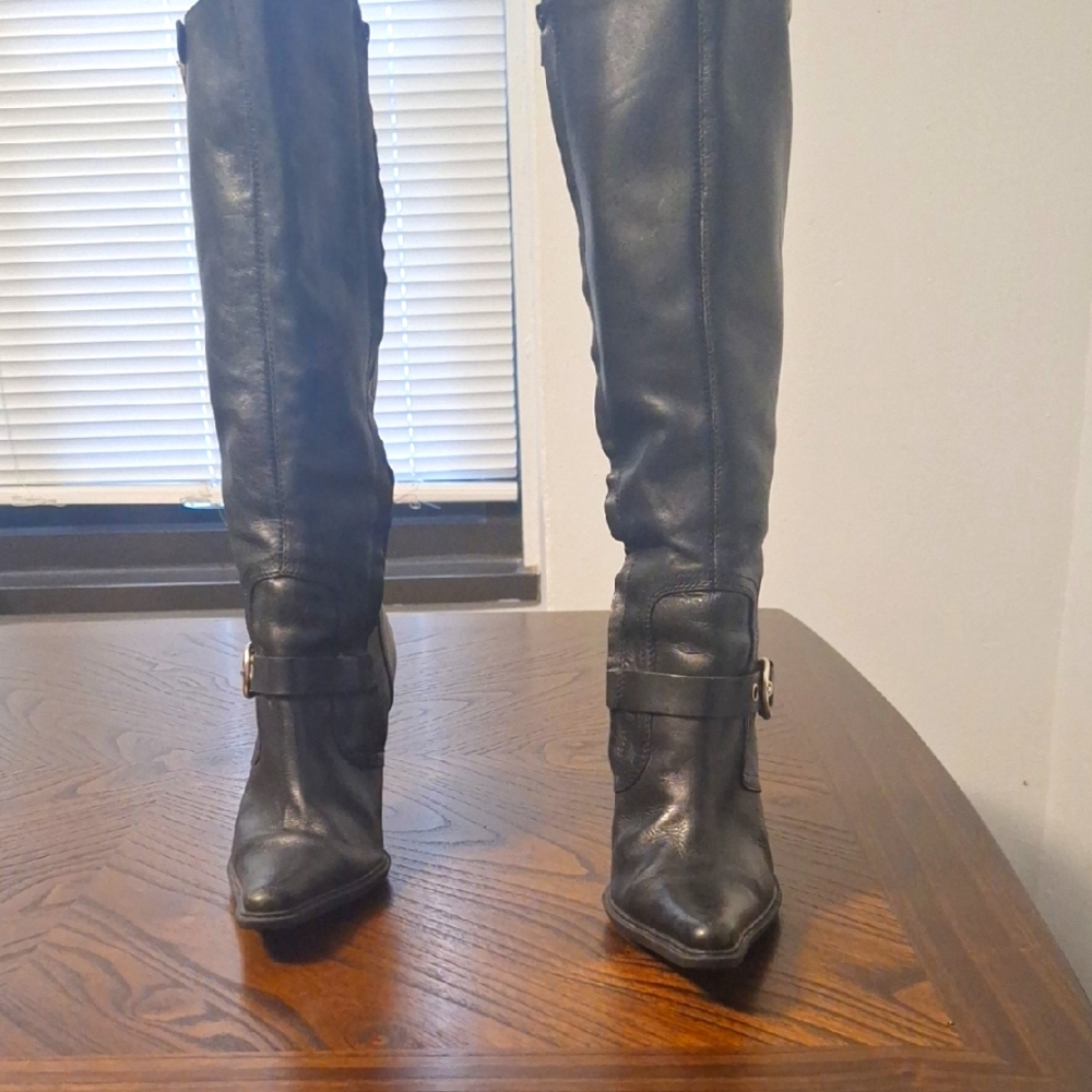 Elegant Black the Knee Boots with Pointed Toe and Moderate Heel